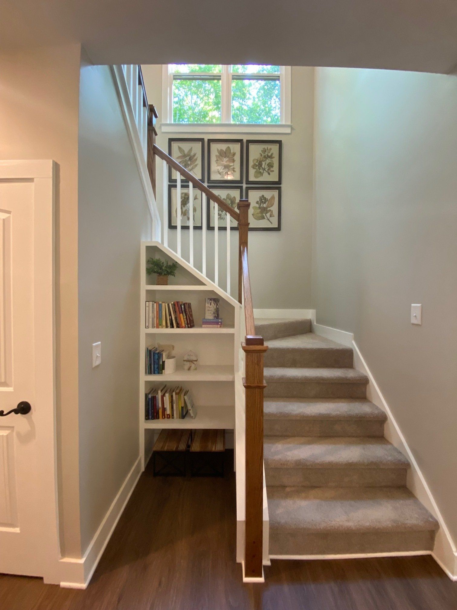 A staircase with a bookshelf underneath it in a house.