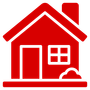 Red house icon with a chimney, door, and window.
