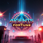 Aigents of Fortune logo. Dynamic close-up of a silhouetted hairless humanoid head, partially hidden by a neon Earth globe, North America centered. Iridescent colors reflect on the globe surrounded by glowing currency symbols and beams. Backlighting emphasizes motion blur. Fisheye lens, action pose, blurred lines.