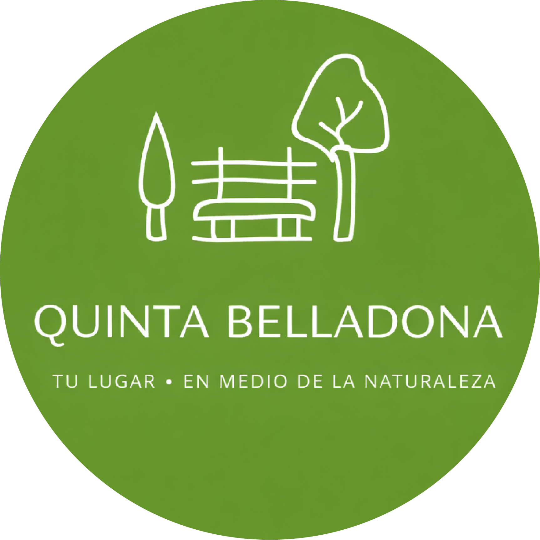 Logotipo circular verde con contorno blanco de un banco, árboles y el texto 