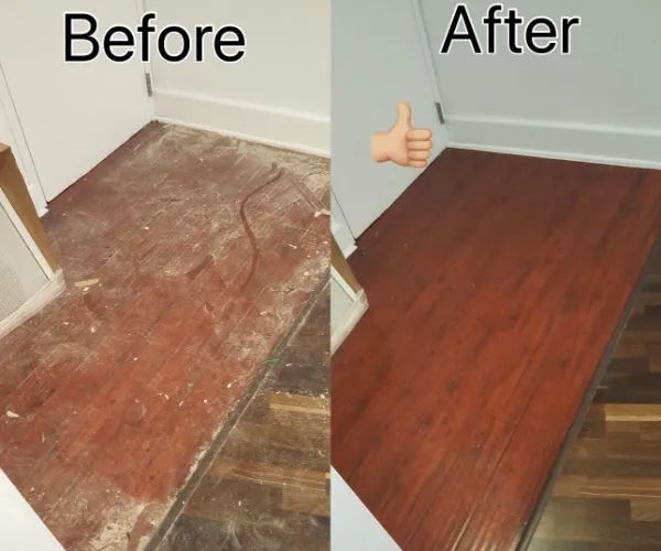 Before and after of a wood floor refinishing project. The "After" shows a glossy, dark red finish, while the "Before" is worn and dusty.