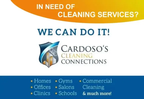 Advertisement for Cardoso's Cleaning Connections: Offers cleaning services for homes, offices, and more. Blue and orange color scheme.
