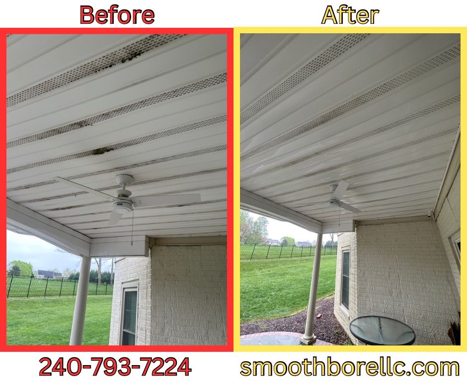 A before and after photo of a porch with a ceiling fan