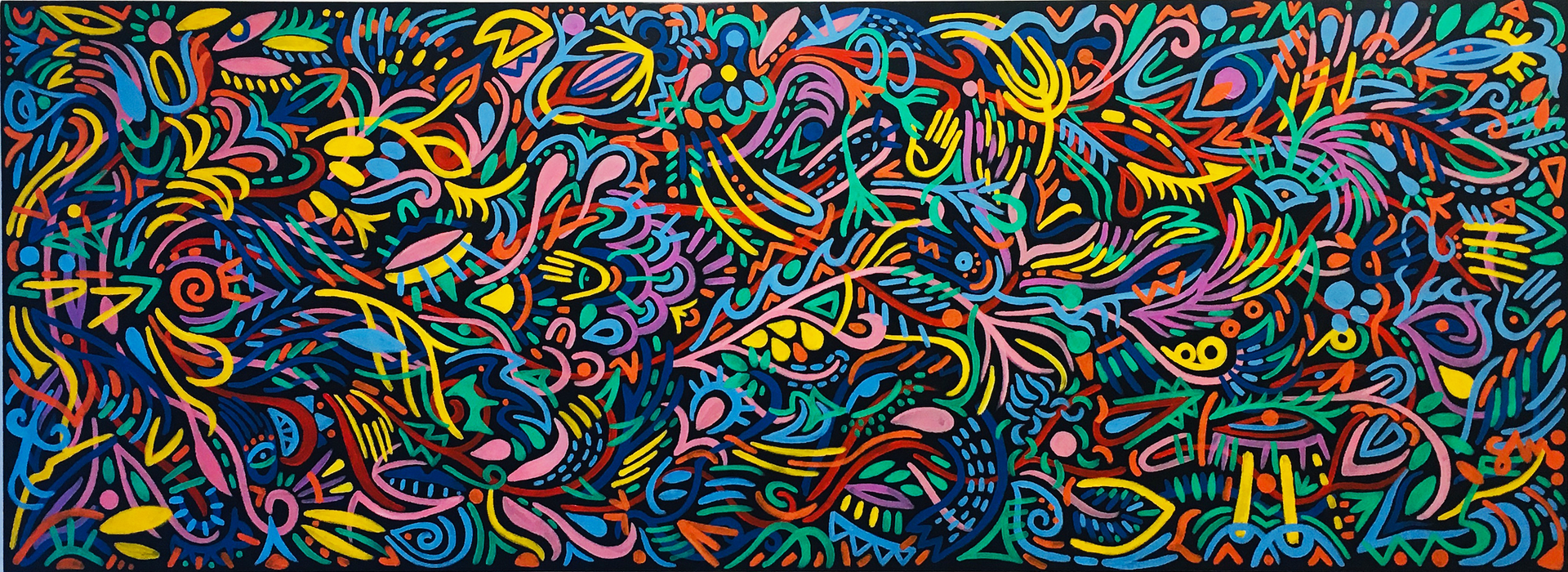 A colorful painting with a lot of drawings on it