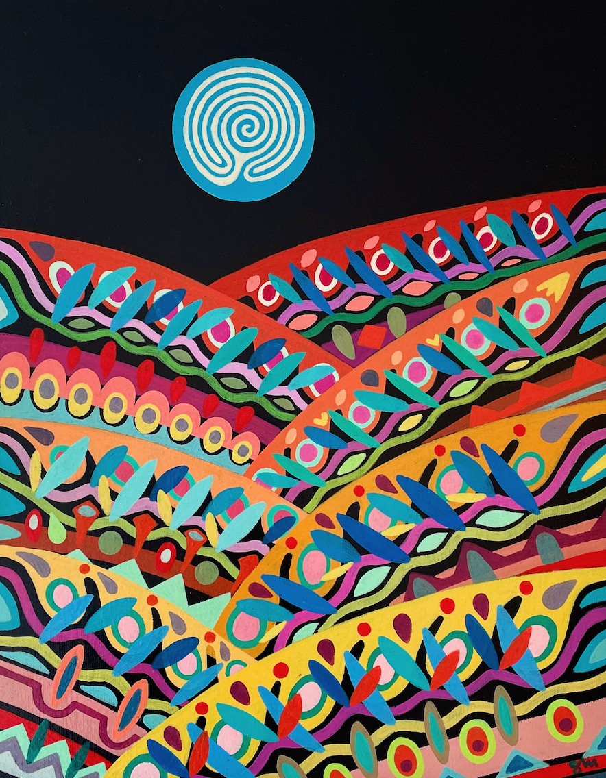 A colorful painting with a spiral in the middle