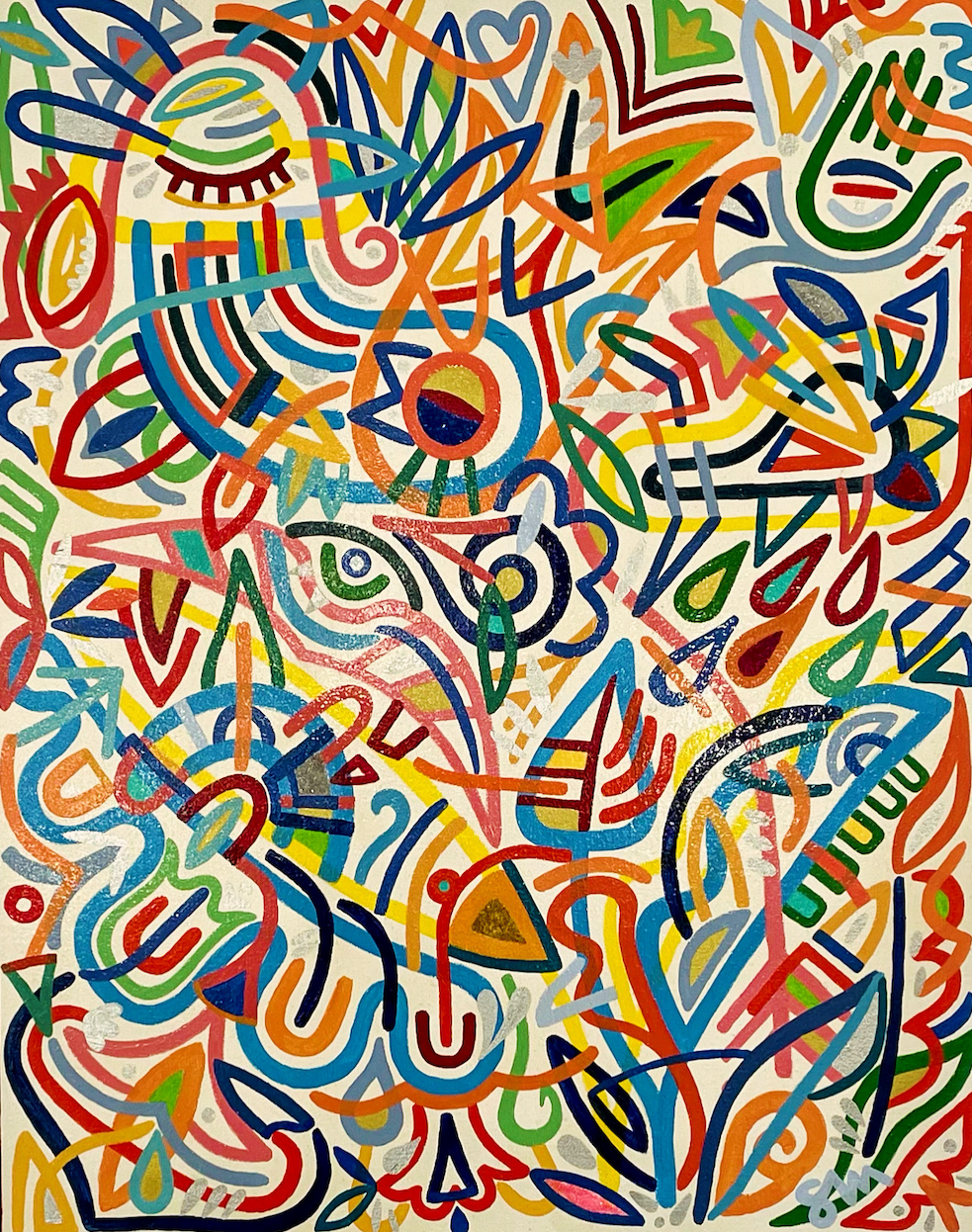 A colorful abstract painting with a lot of different shapes and colors on a white background.