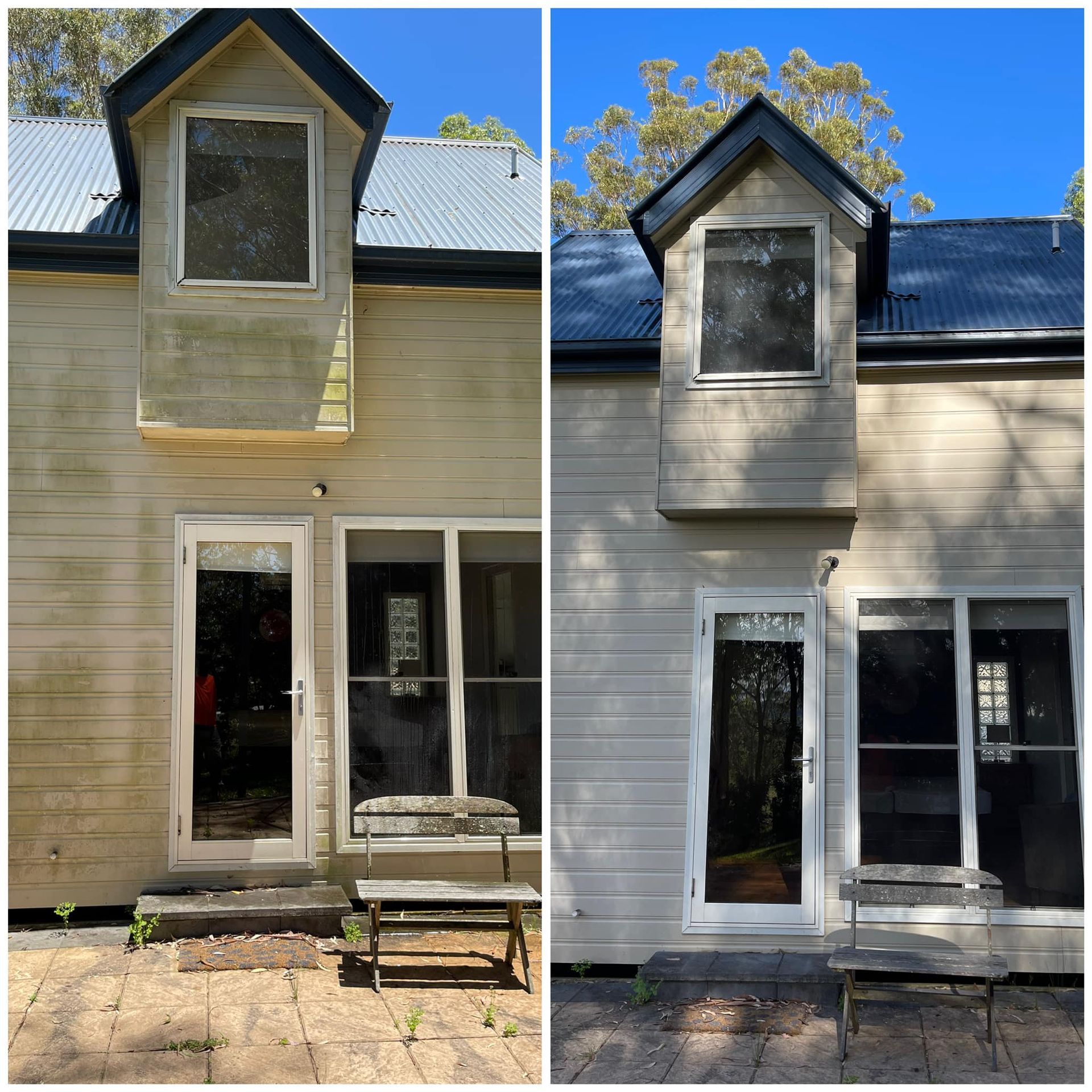 A Before and After Picture of a House With a Black Roof — South Coast Pressure Washer in Warilla, NSW