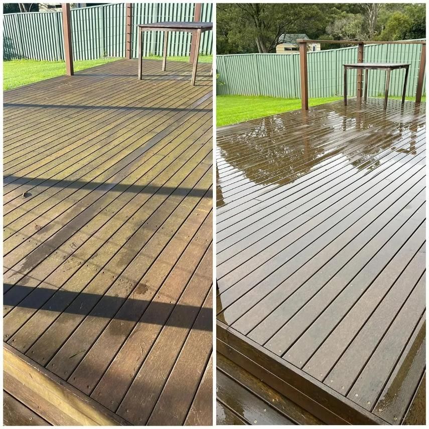 A Before and After Picture of a Wooden Deck — South Coast Pressure Washer in Warilla, NSW