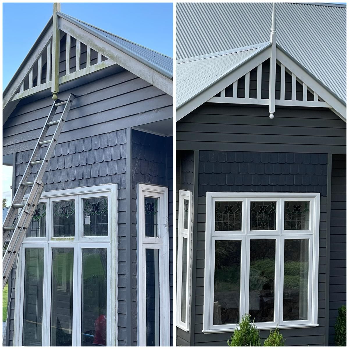 A Before and After Picture of a House With a Ladder on the Side — South Coast Pressure Washer in Warilla, NSW