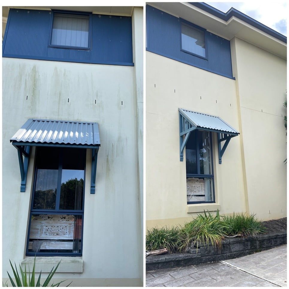 A Before and After Picture of a Building With a Blue Awning — South Coast Pressure Washer in Warilla, NSW