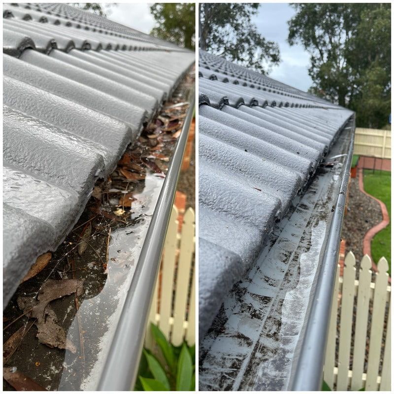 A Before and After Picture of a Gutter Being Cleaned on a Roof — South Coast Pressure Washer in Warilla, NSW