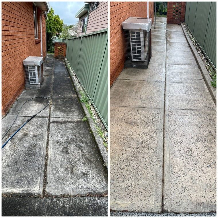 A Before and After Photo of a Sidewalk Next to a Brick Building — South Coast Pressure Washer in Warilla, NSW