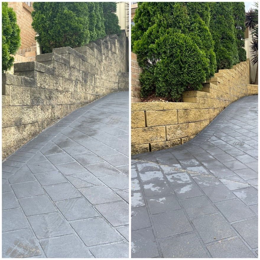 A Before and After Photo of a Driveway With a Stone Wall — South Coast Pressure Washer in Warilla, NSW