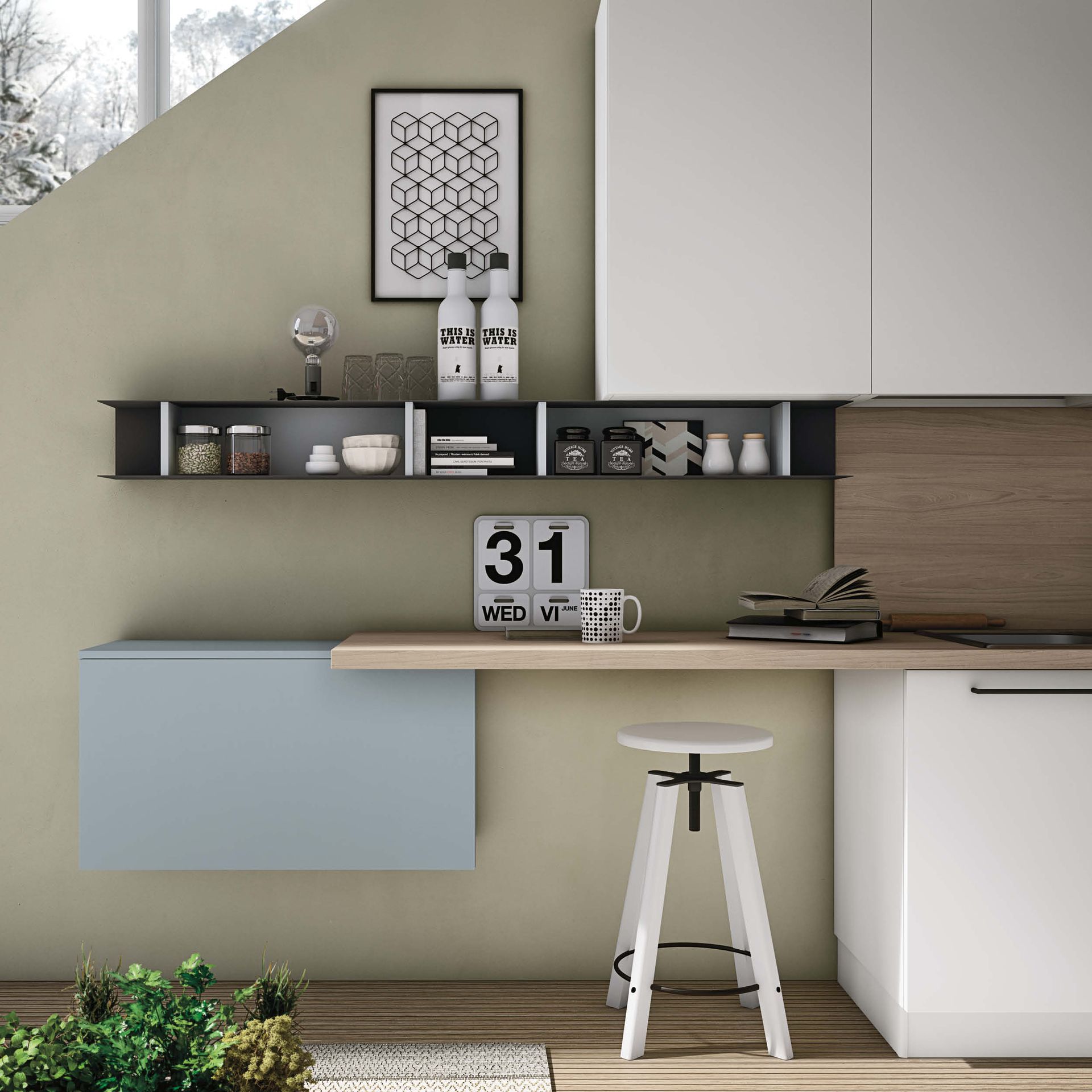 Una cucina con uno scaffale su cui c'è un calendario che dice 31