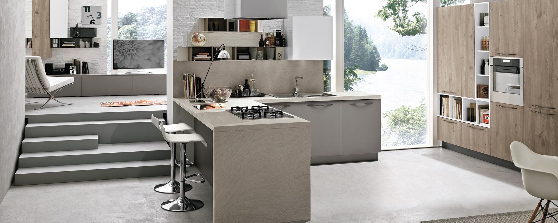 vista frontale di una cucina moderna in legno con scala interna e arredamento