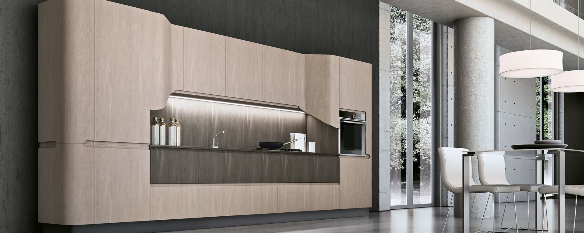 vista laterale di cucina moderna in legno a scomparsa - BRING