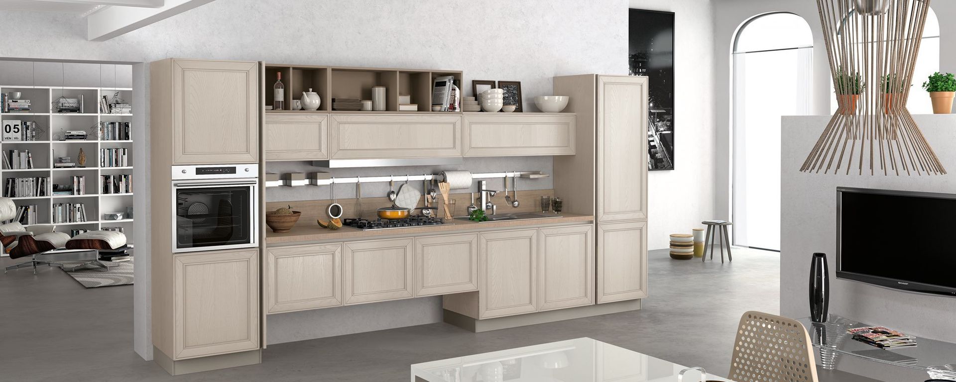 vista laterale di una cucina moderna in legno bianco - MAXIM