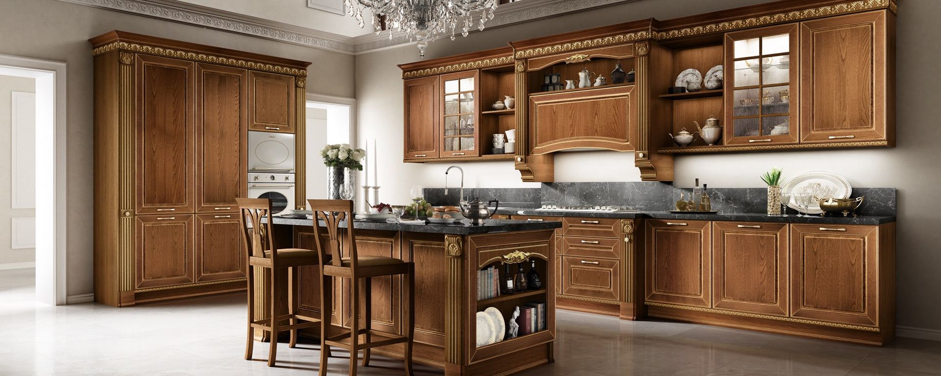 vista laterale di una cucina bianca in legno classica con sedie in legno -Dolcevita