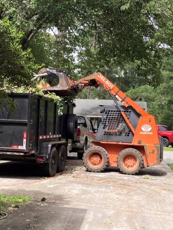 Orange skid steer loading debris into a black trailer in a driveway with trees overhead.
