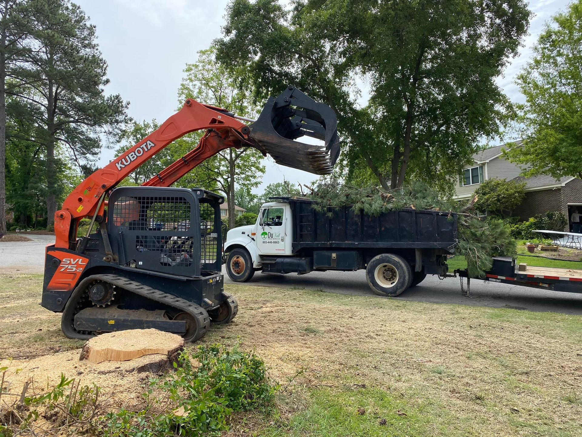 Orange Kubota loader loading tree debris into a black dump truck on a grassy yard.