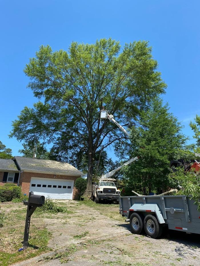 Tree trimming operation with a crane and trailer, near a house with a brick garage.