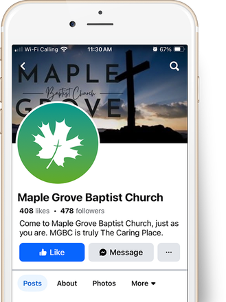 A phone with a maple grove baptist church facebook page on it.