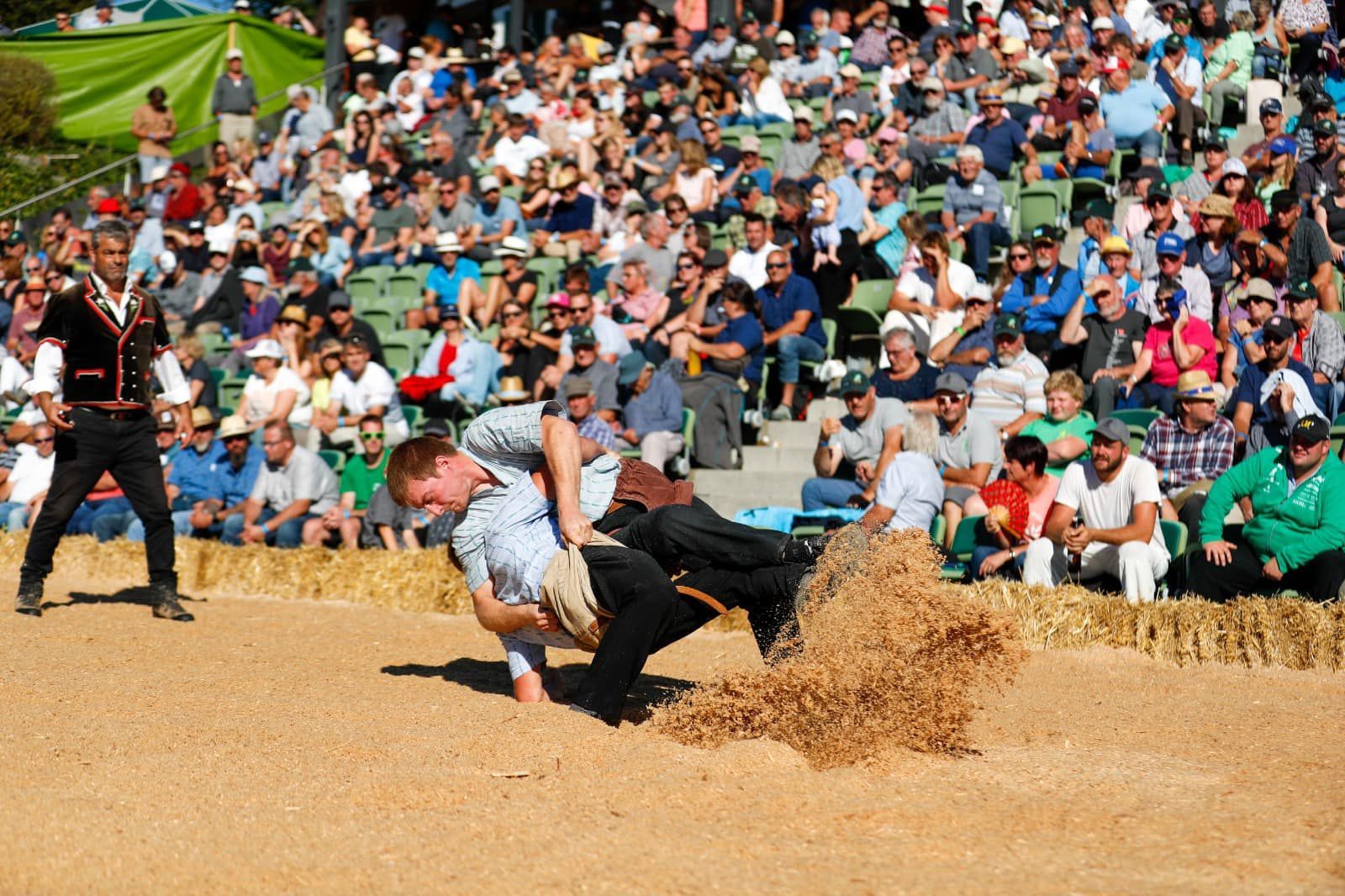 Zwei Männer Schwingen, umringt von einer großen Zuschauermenge.