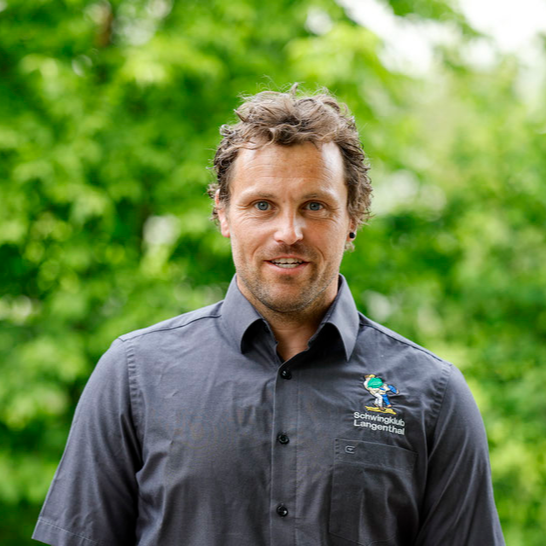 Mann mit lockigem Haar in einem grauen Hemd, lächelnd vor einem grünen Hintergrund.