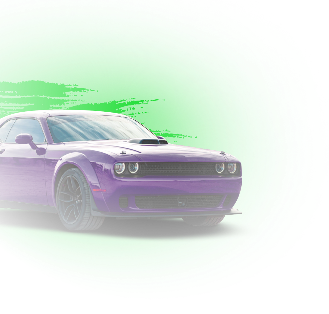 Purple Dodge Challenger car with a green brushstroke background. | Diesel Solutions