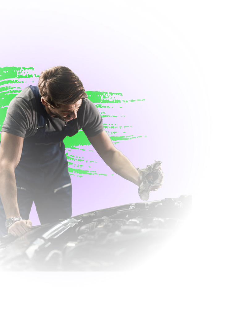 Mechanic leans over car engine, examining it. Green and purple background. | Diesel Solutions