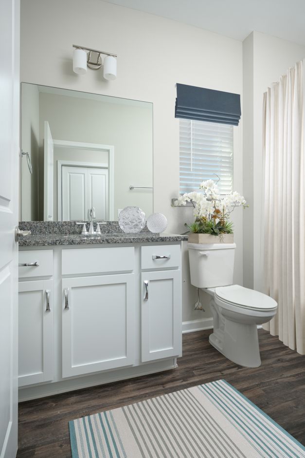 A bathroom with a sink , toilet , and mirror at Ashford Villas in Chattanooga, TN.