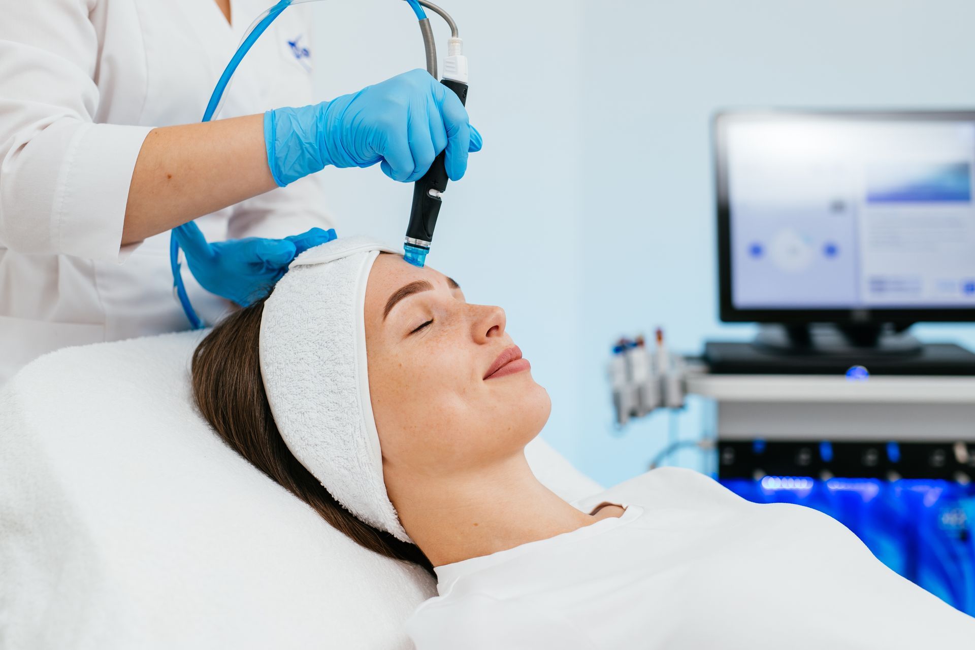 A woman is getting a facial treatment in a beauty salon.