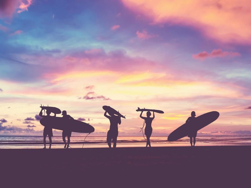 A Group of People Carrying Surfboards on Their Heads on a Beach at Sunset — NLJ Partners P/L In Wyong, NSW