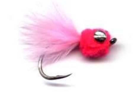 A pink feathered fly on a hook on a white background.