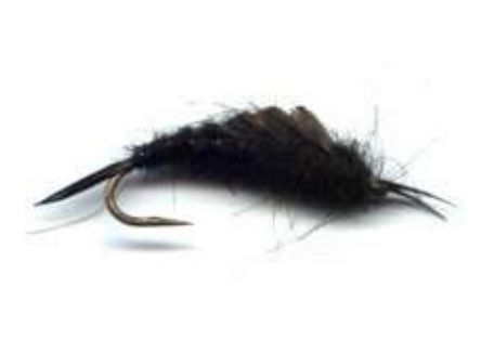 A close up of a black fly on a hook on a white background.