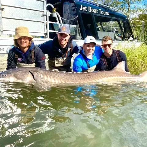 A group of men are standing next to a large fish in the water.