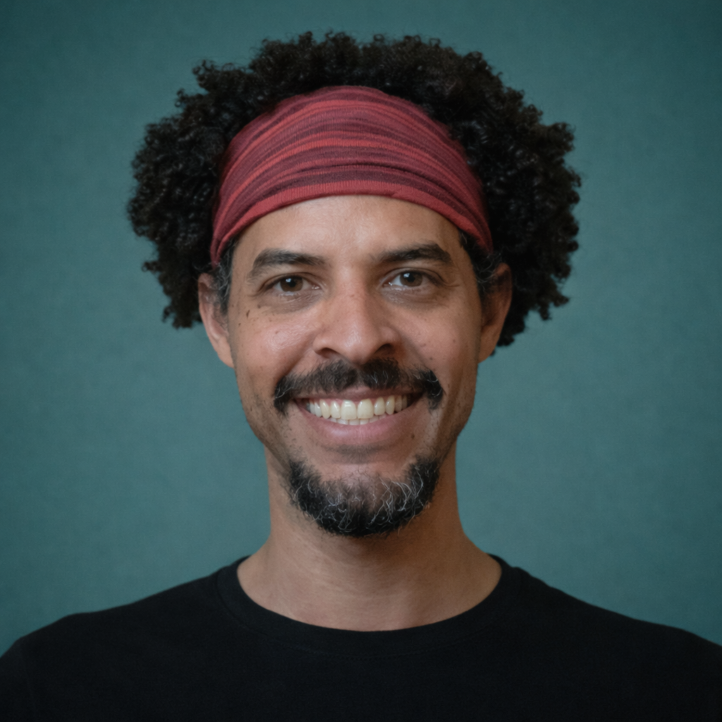 Uma pessoa com cabelo encaracolado e uma faixa de cabeça estampada, sorrindo, vestindo uma camisa vermelha contra um fundo liso cinza claro.