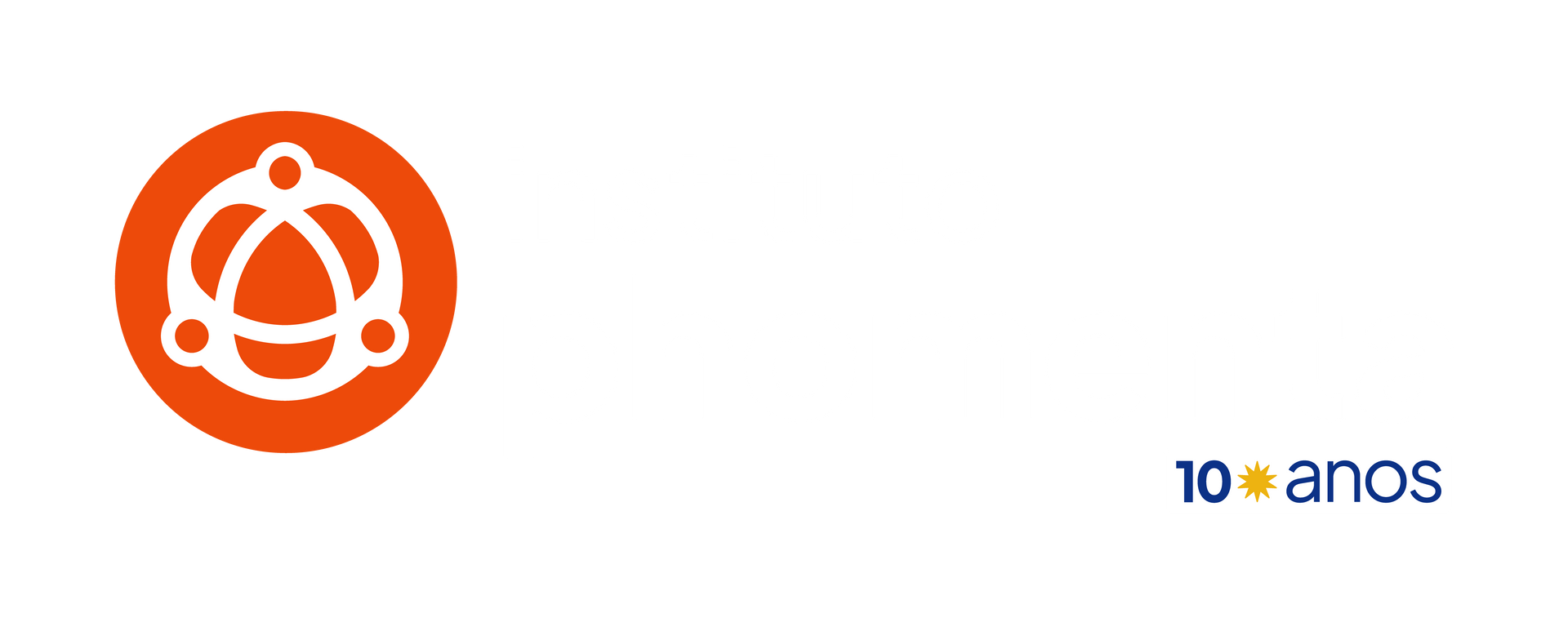 Logotipo laranja, símbolo circular com três linhas cruzadas.