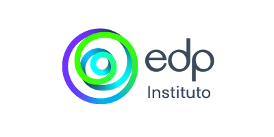 Logotipo do EDP Instituto: desenho em espiral em tons de verde, azul e roxo; texto “edp Instituto”.
