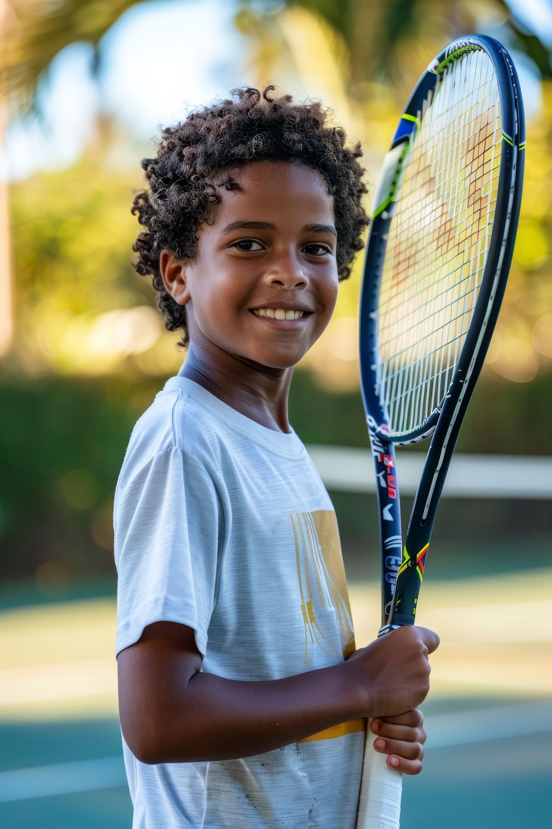 Uma pessoa sorrindo e segurando uma raquete de tênis em uma quadra com um fundo externo desfocado.