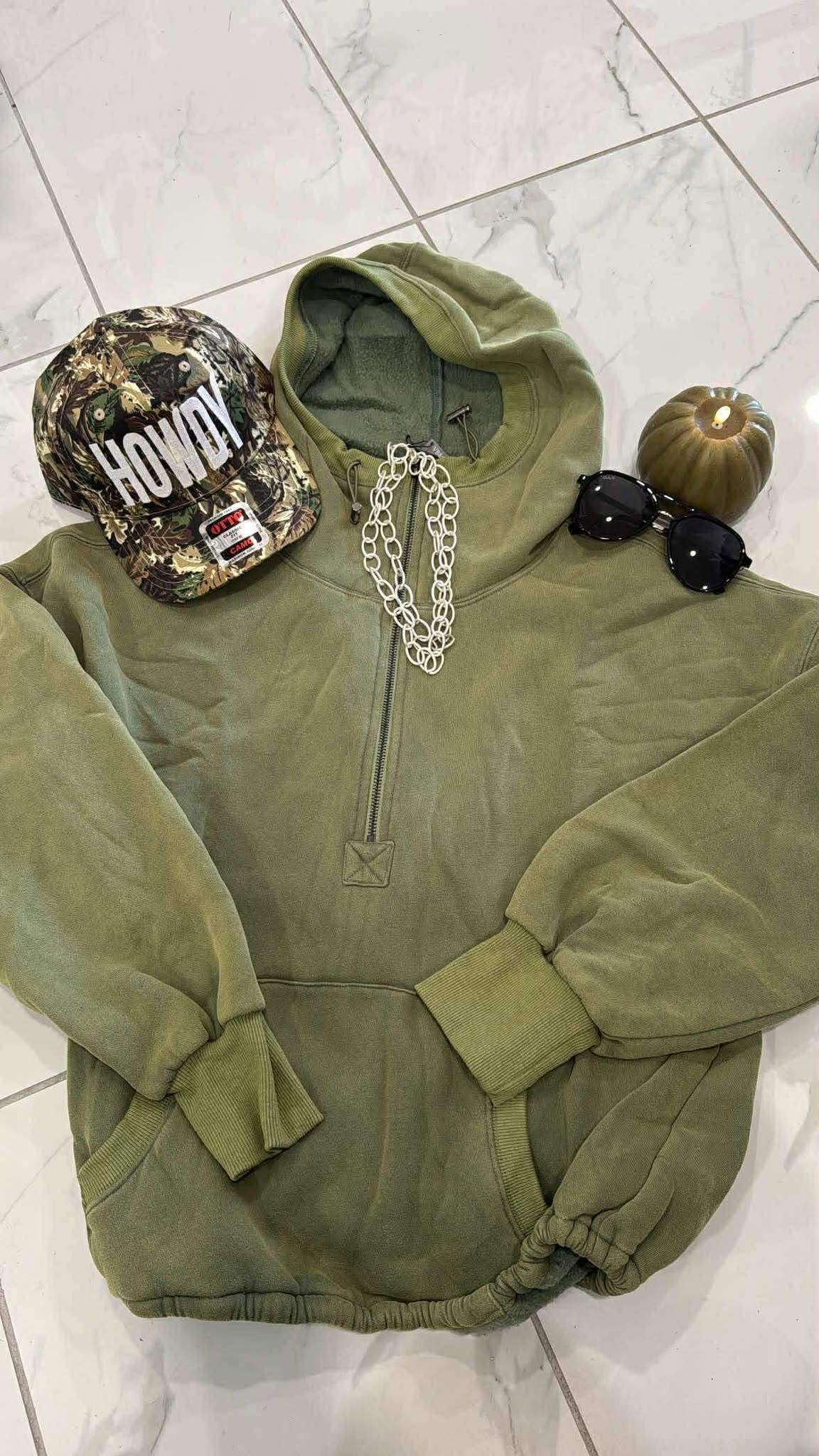 Olive green hooded sweatshirt with a 