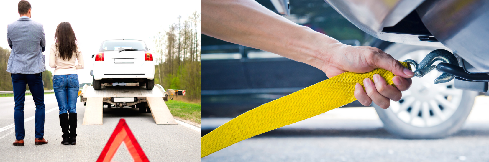 Two people standing by a car being towed; a person hands a yellow tow strap.