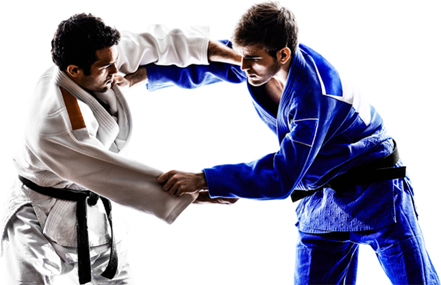 Two men are fighting judo on a white background.