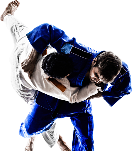 Two men are fighting each other in a judo match.