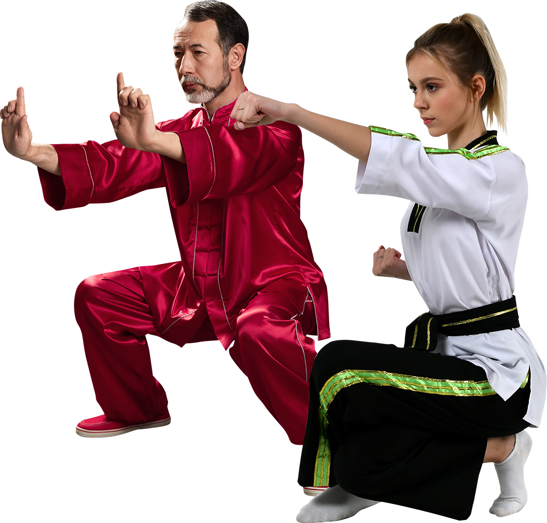 A man and a woman are practicing martial arts on a white background.