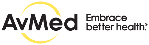 The logo for avmed is black and yellow and says `` embrace better health ''.