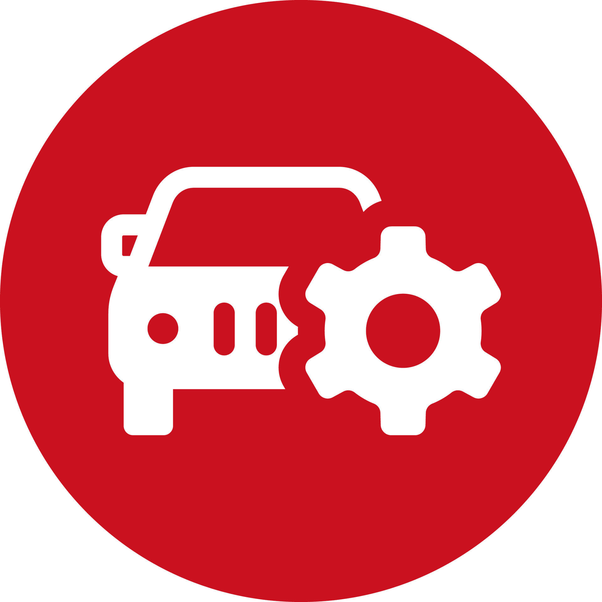 An icon of a car and gears in a red circle.