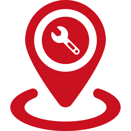 A red map pin with a wrench inside of it.