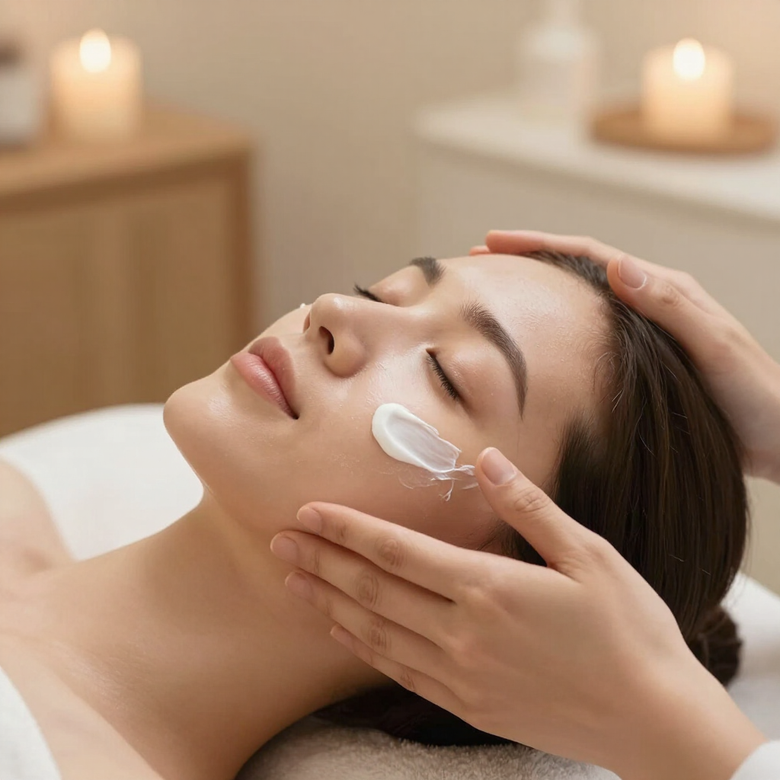 Una donna riceve un massaggio con crema per il viso in una spa, con candele accese sullo sfondo.