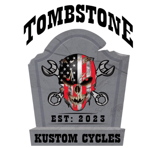 a logo for tombstone kustom cycles with a skull and wrenches